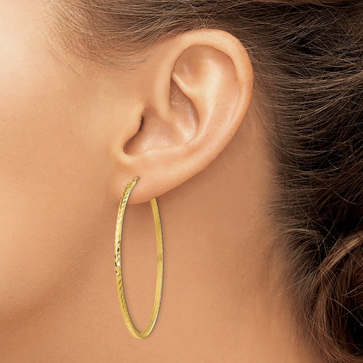 10k Yellow Gold Large Hoop Earrings with Diamond Cut Polished Finish, Lightweight Round Design