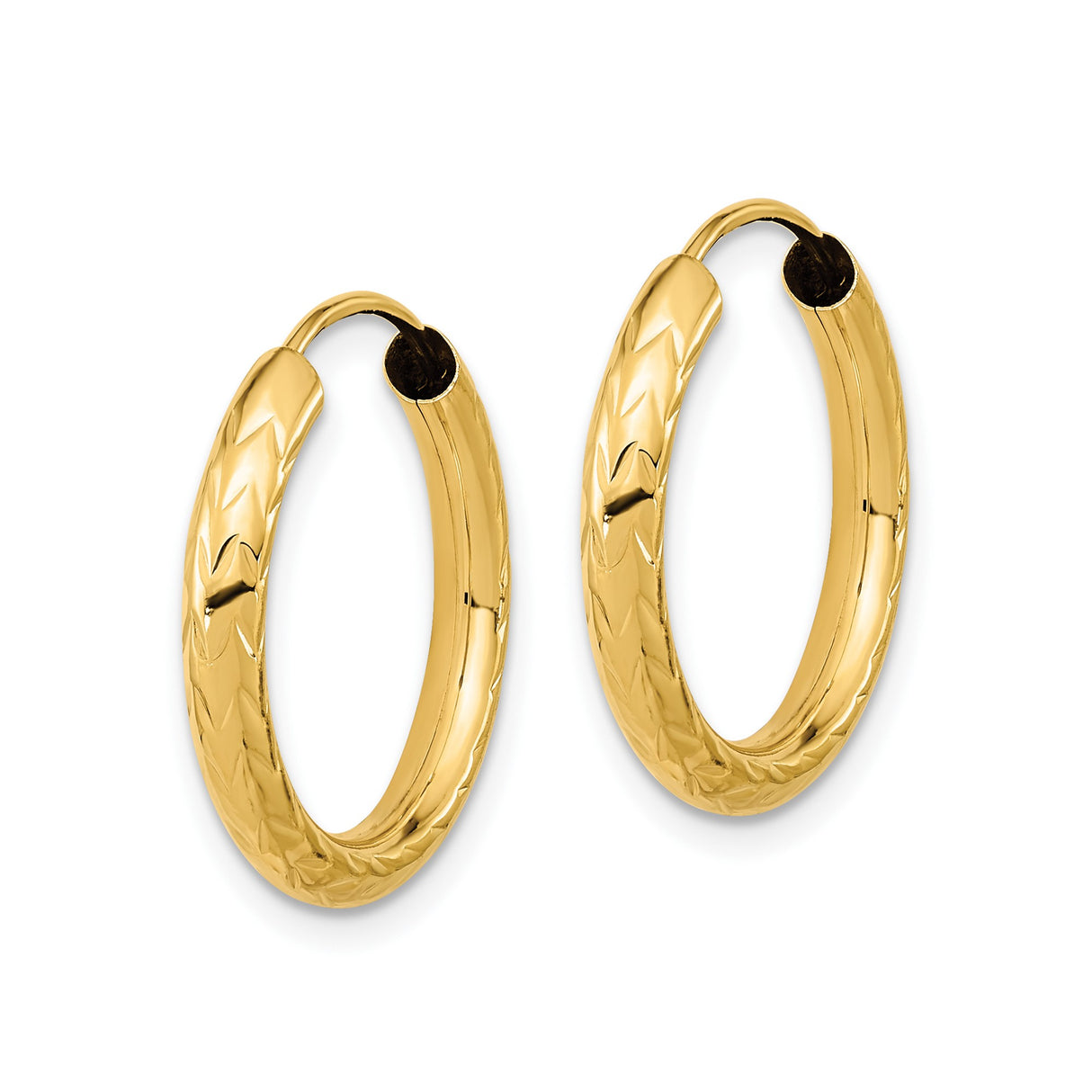 10k Yellow Gold Hoop Earrings, Classic Round Chevron Pattern with Diamond Cut Design