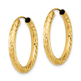 10k Yellow Gold Hoop Earrings with Textured Diamond Cut Leaf Pattern, Endless Lightweight Design