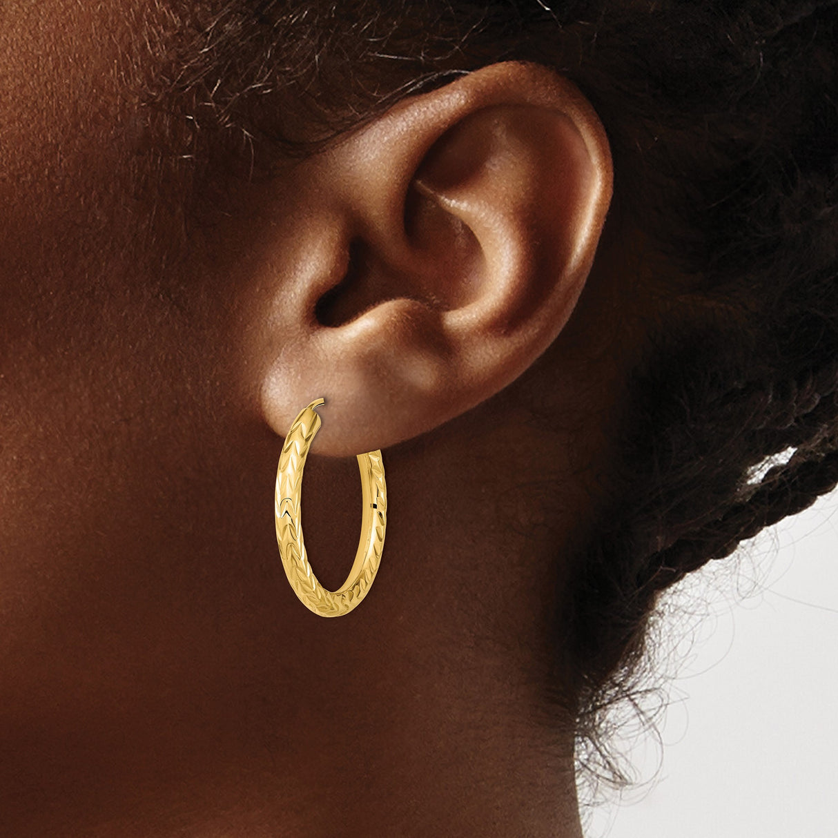 10k Yellow Gold Hoop Earrings with Textured Diamond Cut Leaf Pattern, Endless Lightweight Design