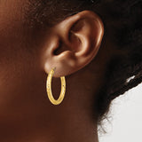 10k Yellow Gold Hoop Earrings with Textured Diamond Cut Leaf Pattern, Endless Lightweight Design