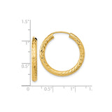 10k Yellow Gold Hoop Earrings with Textured Diamond Cut Leaf Pattern, Endless Lightweight Design