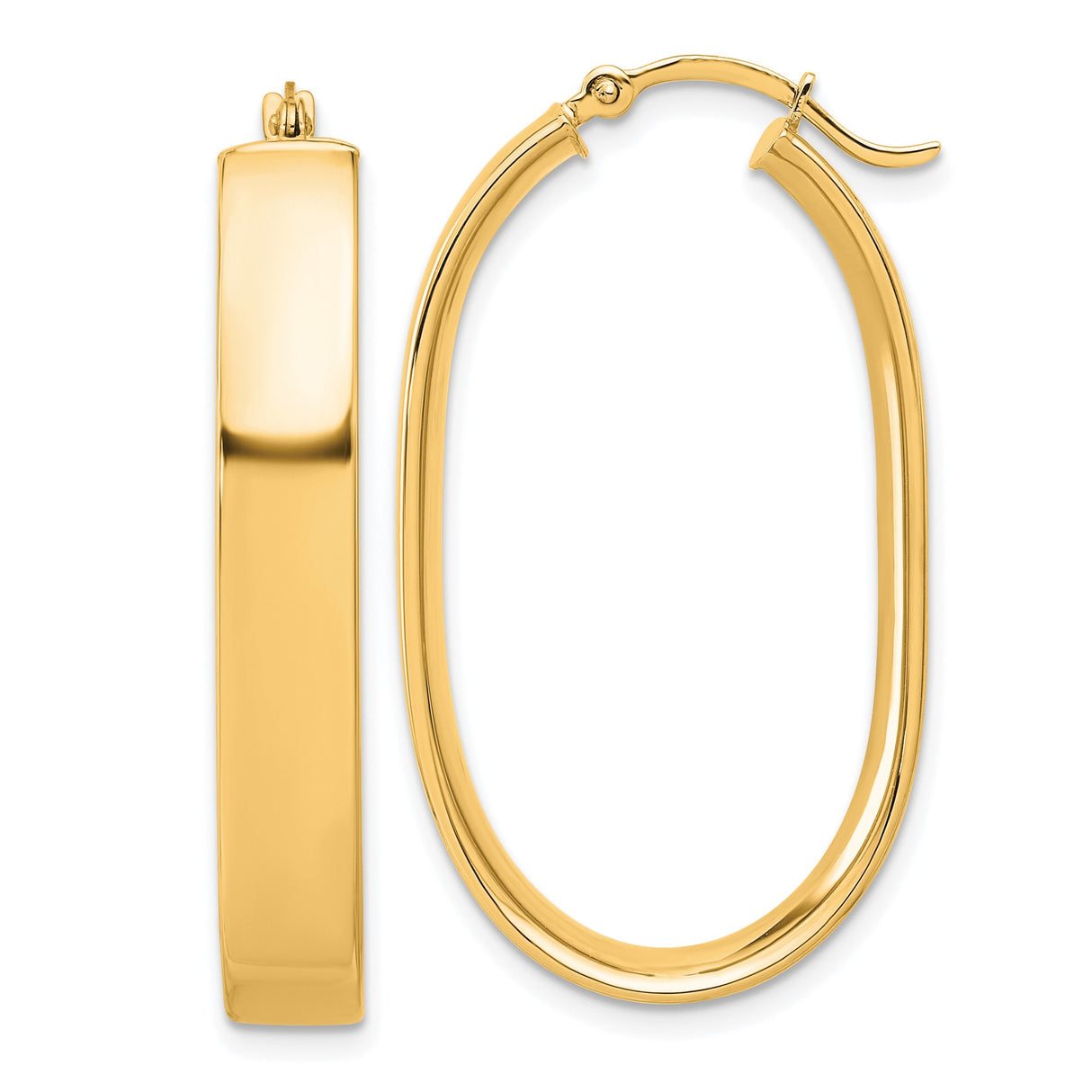 10k Yellow Gold Oval Hoop Earrings, Polished Flat Surface, Latch Back, Lightweight Style