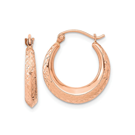 10k Rose Gold Teardrop Hoop Earrings, Diamond Cut Textured Finish, Lightweight Minimalist Style