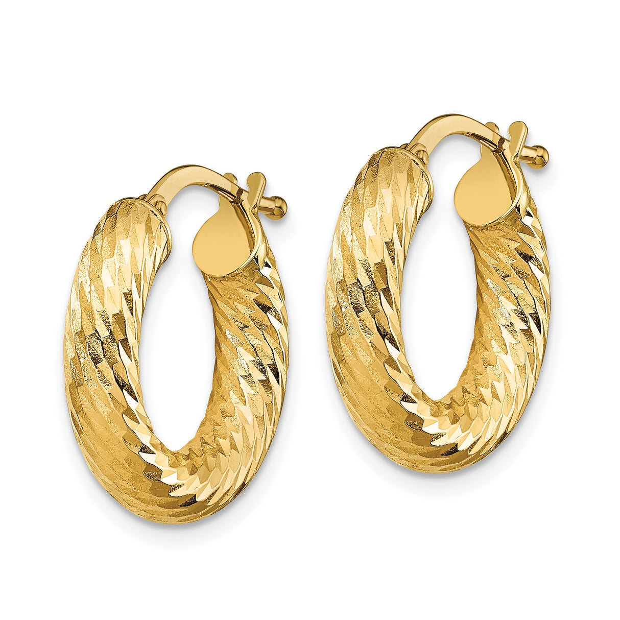 10k Yellow Gold Hoop Earrings, Diamond Cut Round Design with Textured Finish