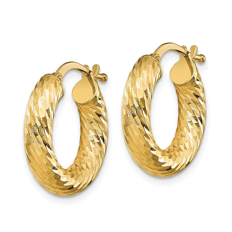 10k Yellow Gold Hoop Earrings, Diamond Cut Round Design with Textured Finish