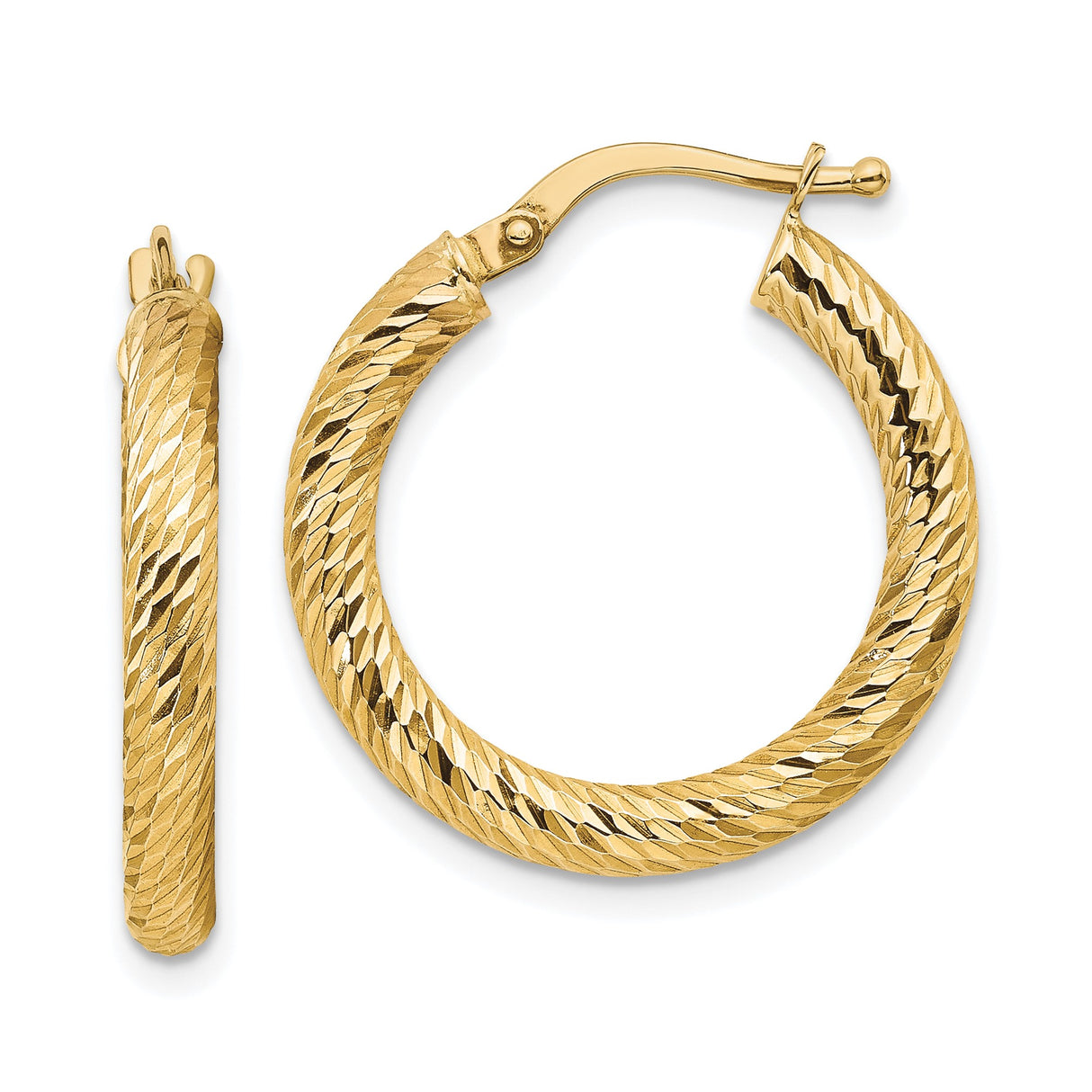 10k Yellow Gold Hoop Earrings, Diamond-Cut Textured Round Hoops with Latch-Back Closure