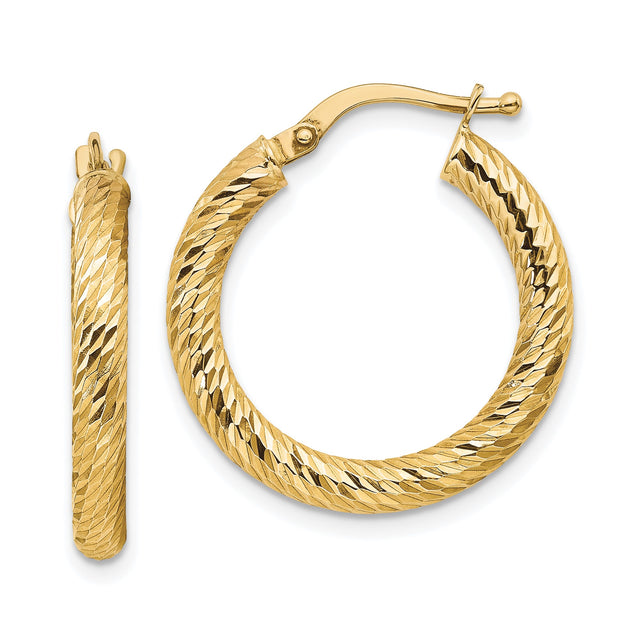 10k Yellow Gold Hoop Earrings, Diamond-Cut Textured Round Hoops with Latch-Back Closure