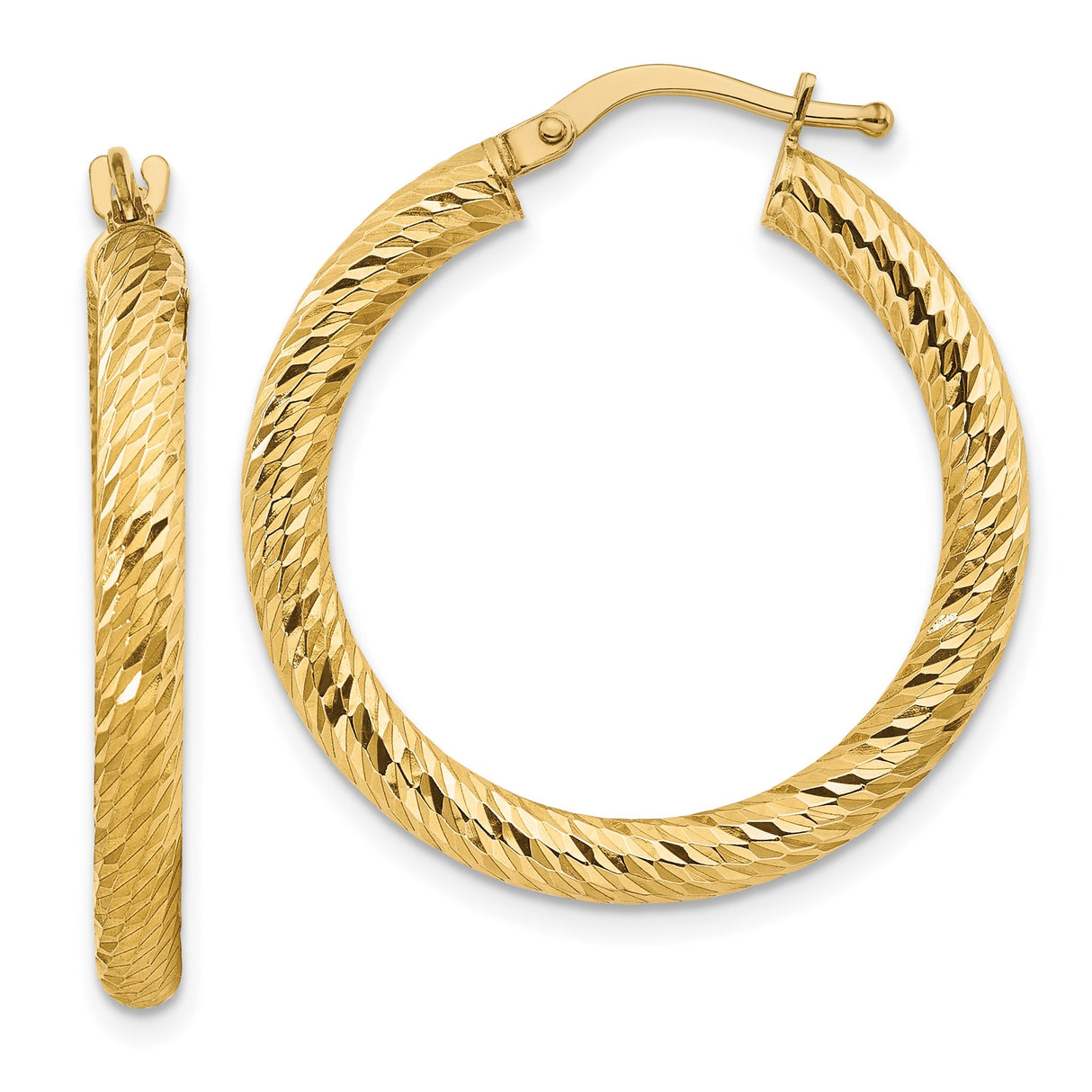 10k Yellow Gold Hoop Earrings, Diamond-Cut Textured Round Design with Hinged Clasp