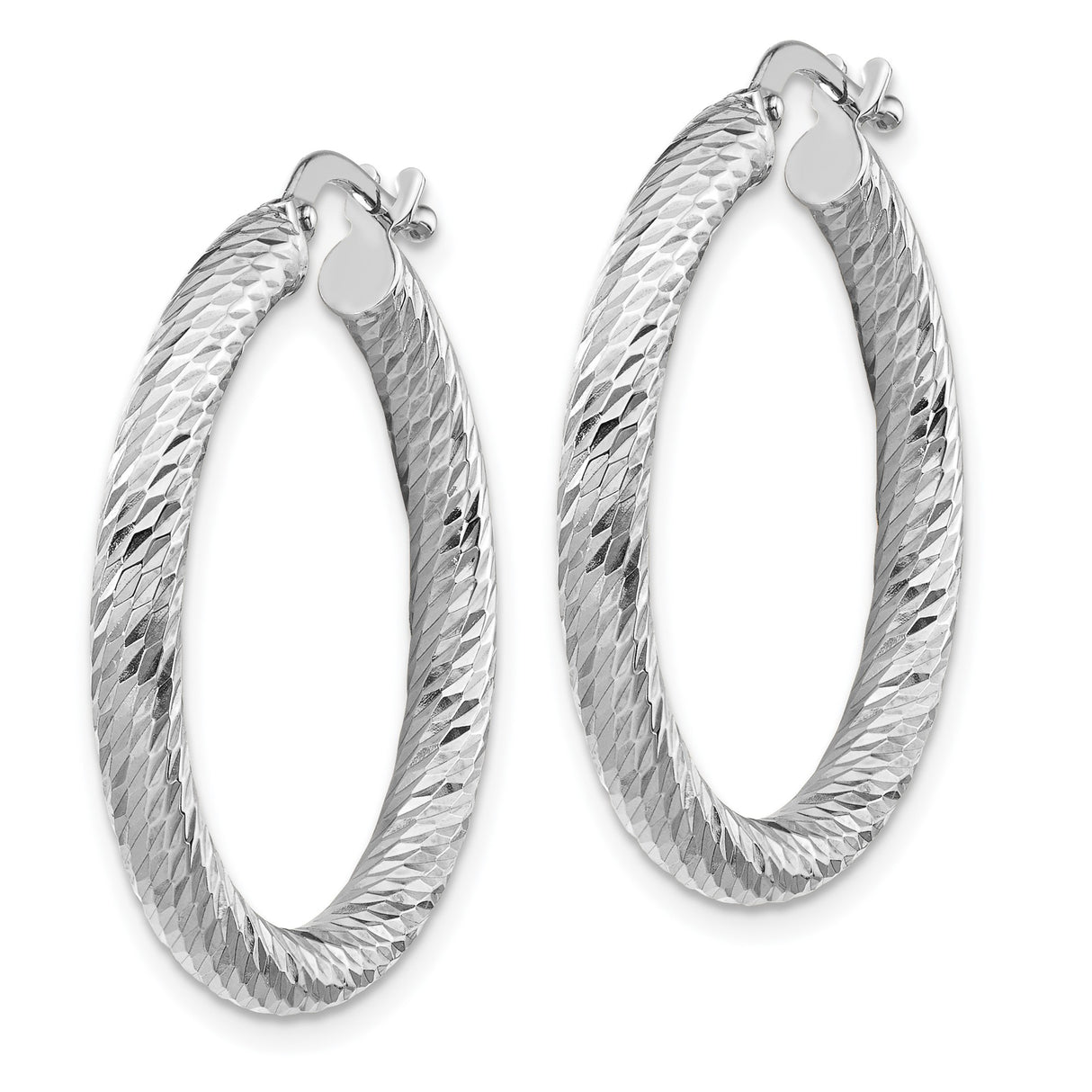 10k White Gold Hoop Earrings, Diamond Cut Textured Round Design for Women