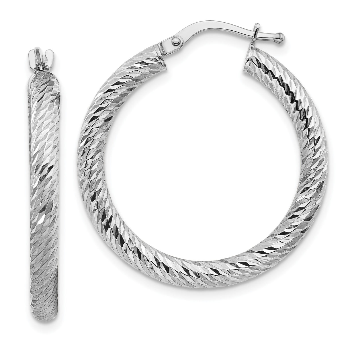 10k White Gold Hoop Earrings, Diamond Cut Textured Round Design for Women