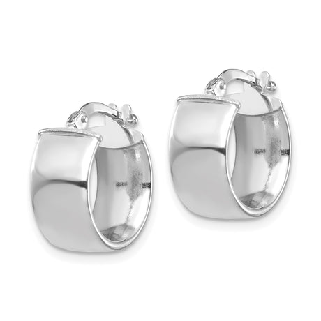 10k White Gold Hoop Earrings, Classic Wide Band with High Polish Finish and Hinged Clasp
