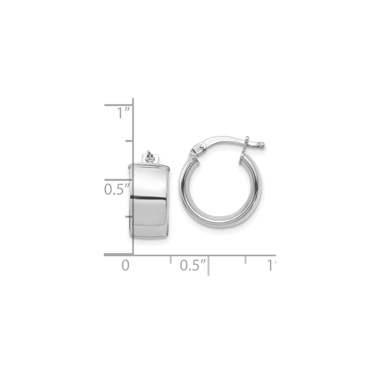 10k White Gold Hoop Earrings, Classic Wide Band with High Polish Finish and Hinged Clasp