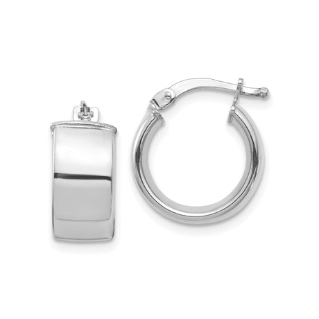 10k White Gold Hoop Earrings, Classic Wide Band with High Polish Finish and Hinged Clasp