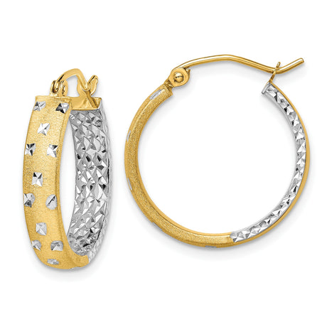 10k Yellow Gold Hoop Earrings, Diamond-Cut Two-Tone Textured Design with Rhodium Finish