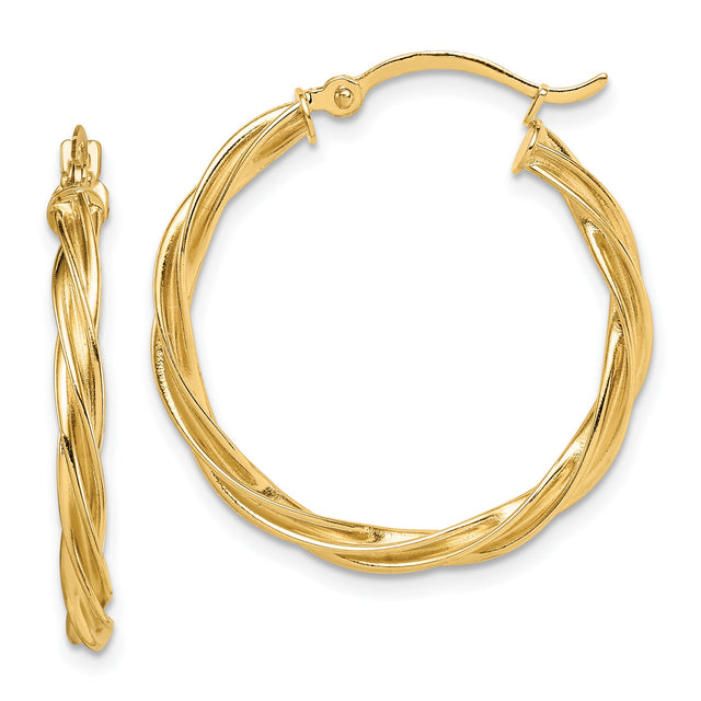 10k Yellow Gold Hoop Earrings, Twisted Braided Design, Lightweight Polished Style for Women