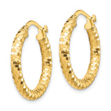 10k Yellow Gold Hoop Earrings with Textured Hexagon Cut Design, Medium Size Lightweight Jewelry