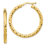 10k Yellow Gold Hoop Earrings with Textured Diamond-Cut Finish, Medium Round Classic Style