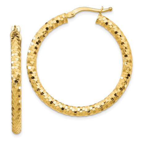 10k Yellow Gold Hoop Earrings with Textured Diamond-Cut Finish, Medium Round Classic Style