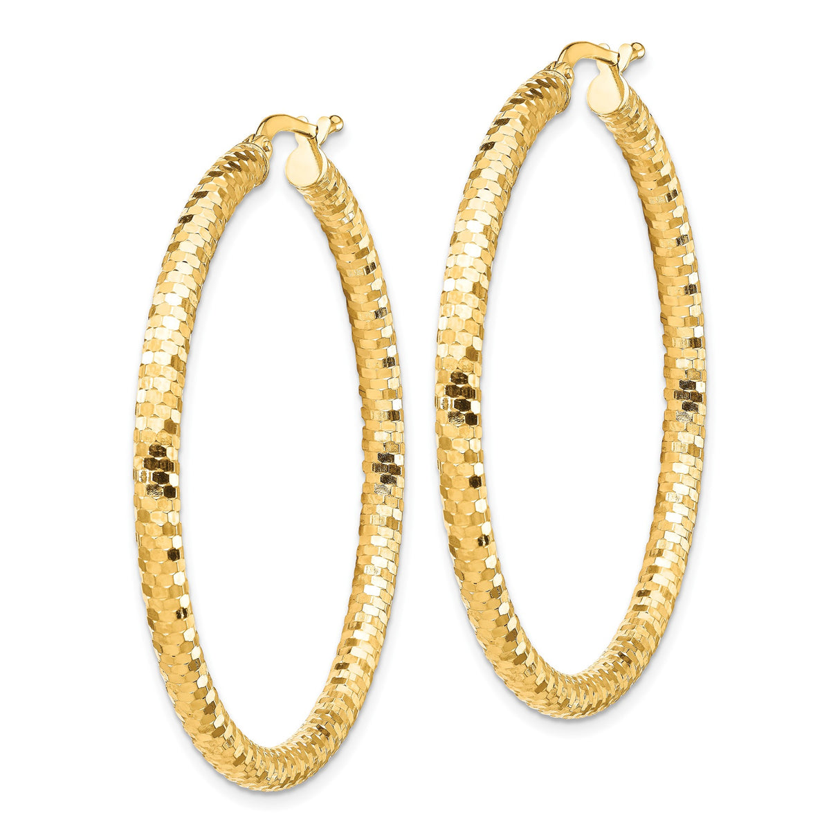 10k Yellow Gold Hoop Earrings, Diamond Cut Textured Round Lightweight Design for Women