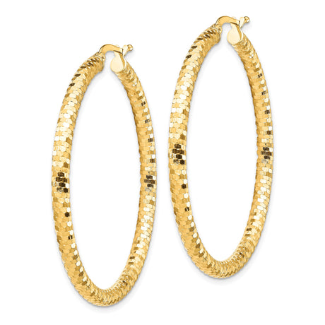 10k Yellow Gold Hoop Earrings, Diamond Cut Textured Round Lightweight Design for Women