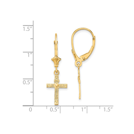 10k Yellow Gold Cross Leverback Earrings with Textured Floral Baroque Design