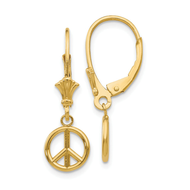 10k Yellow Gold Dangle Earrings with Peace Sign Charm, Boho Spiritual Style for Women