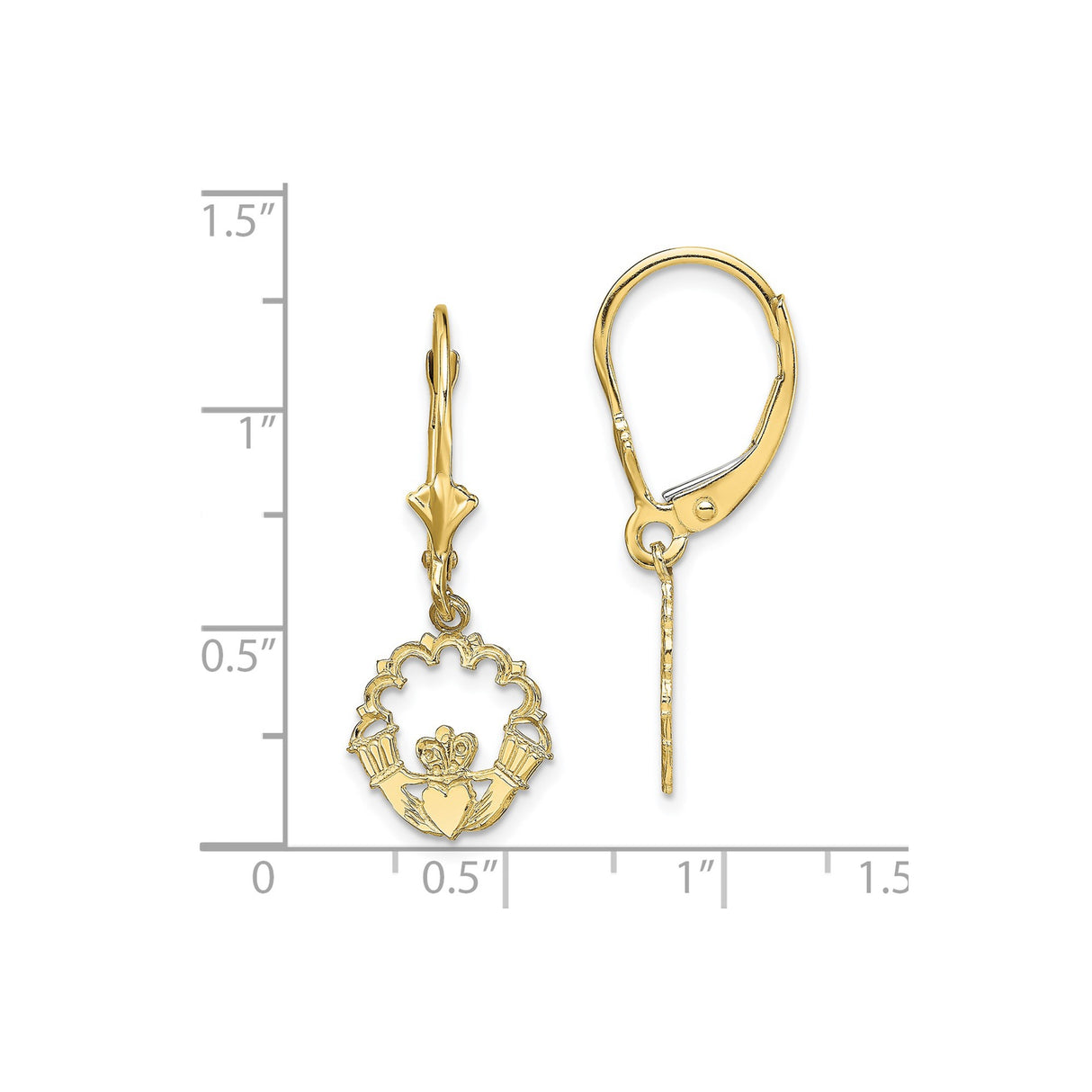 10k Yellow Gold Claddagh Drop Earrings with Leverback Closure, Irish Celtic Symbol Jewelry