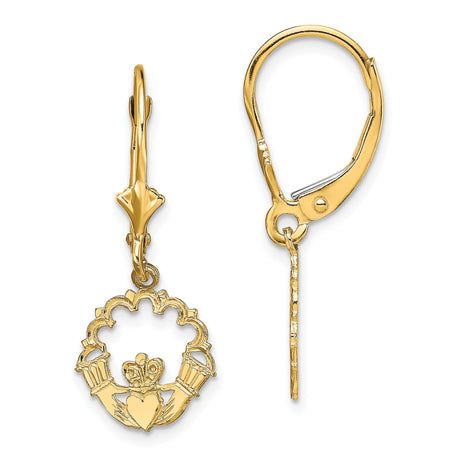 10k Yellow Gold Claddagh Drop Earrings with Leverback Closure, Irish Celtic Symbol Jewelry