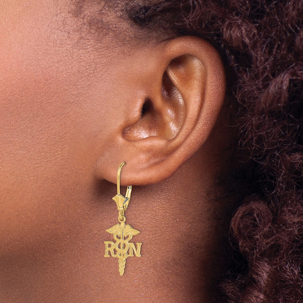 10K Yellow Gold RN Caduceus Leverback Earrings For Nurses