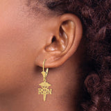 10K Yellow Gold RN Caduceus Leverback Earrings For Nurses