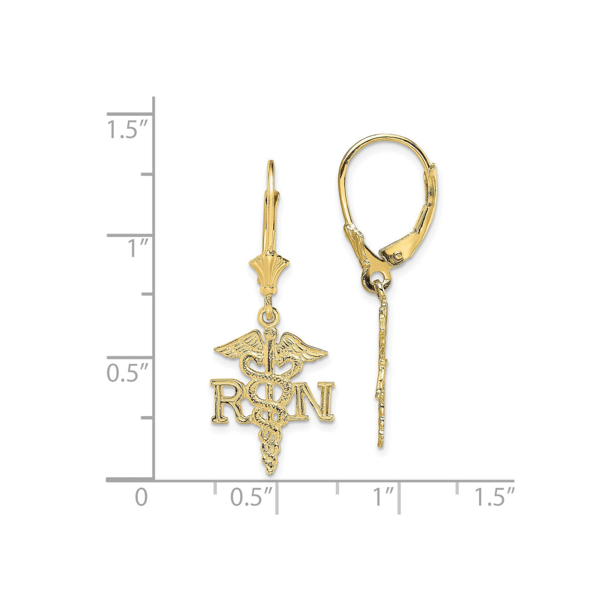 10K Yellow Gold RN Caduceus Leverback Earrings For Nurses