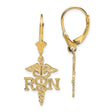10k Yellow Gold RN Caduceus Leverback Earrings with Intertwined Serpents and Wings for Women, Medical Symbol Jewelry for Registered Nurse, Healthcare Profession Honor, Nursing Emblem Accessory