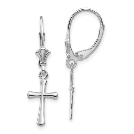 10k White Gold Leverback Earrings with Sleek Cross Charm, Polished Finish, Unisex Spiritual Jewelry