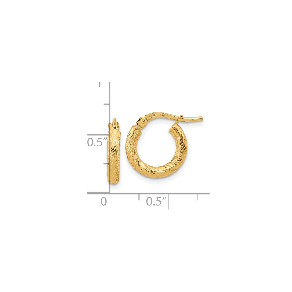 10k Yellow Gold Hoop Earrings, Textured Diamond Cut, Lightweight Classic Style