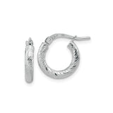 10k White Gold Hoop Earrings, Diamond Cut Textured Finish, Lightweight Polished Hoops