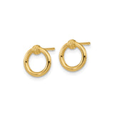 10k Yellow Gold Stud Earrings, Open Circle Design with Textured Knot Accent