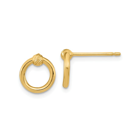 10k Yellow Gold Stud Earrings, Open Circle Design with Textured Knot Accent