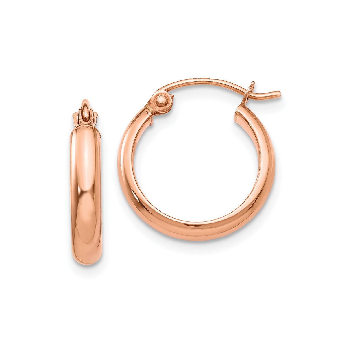 10k Rose Gold Hoop Earrings, Classic Round Polished Hoops with Hinged Closure for Women