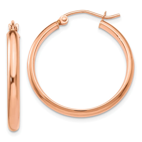 10k Rose Gold Hoop Earrings, Lightweight Polished Round Design with Hinged Snap Closure