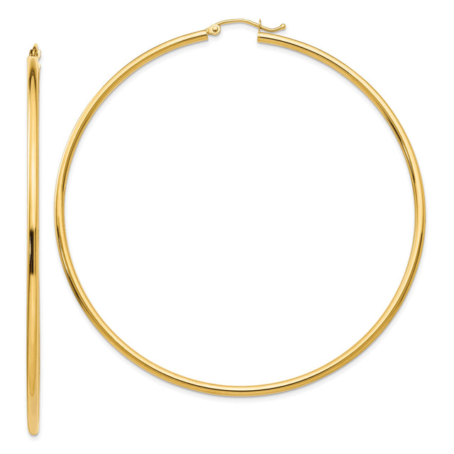 10k Yellow Gold Hoop Earrings, Large Round Lightweight Tube Design, Smooth High Polish Finish