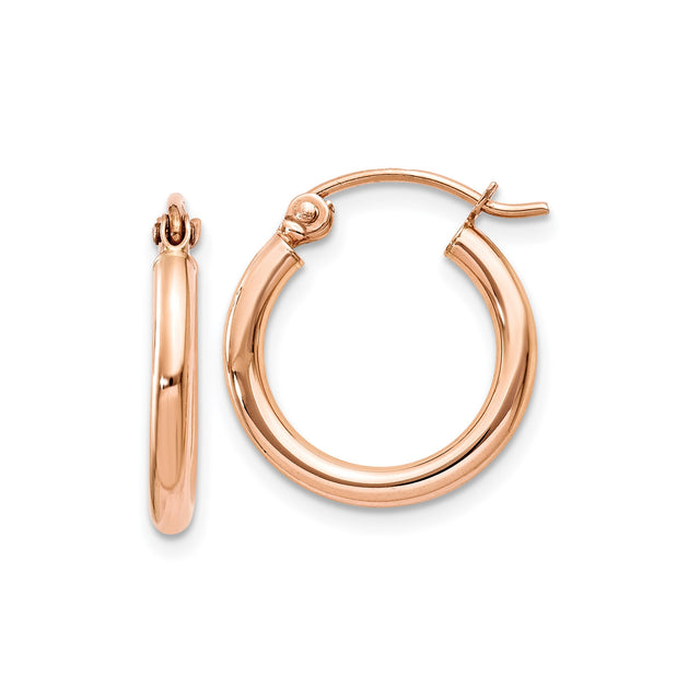 10k Rose Gold Hoop Earrings, Lightweight Polished Tube Design with Latch Back Closure