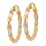 10k Yellow Gold Twisted Hoop Earrings, Tri-Color Intertwined Trinity Design for Women
