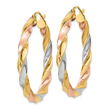 10k Yellow Gold Twisted Hoop Earrings, Tri-Color Intertwined Trinity Design for Women