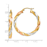 10k Yellow Gold Twisted Hoop Earrings, Tri-Color Intertwined Trinity Design for Women