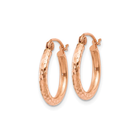 10k Rose Gold Hoop Earrings with Textured Diamond-Cut Finish, Lightweight Hinged Design