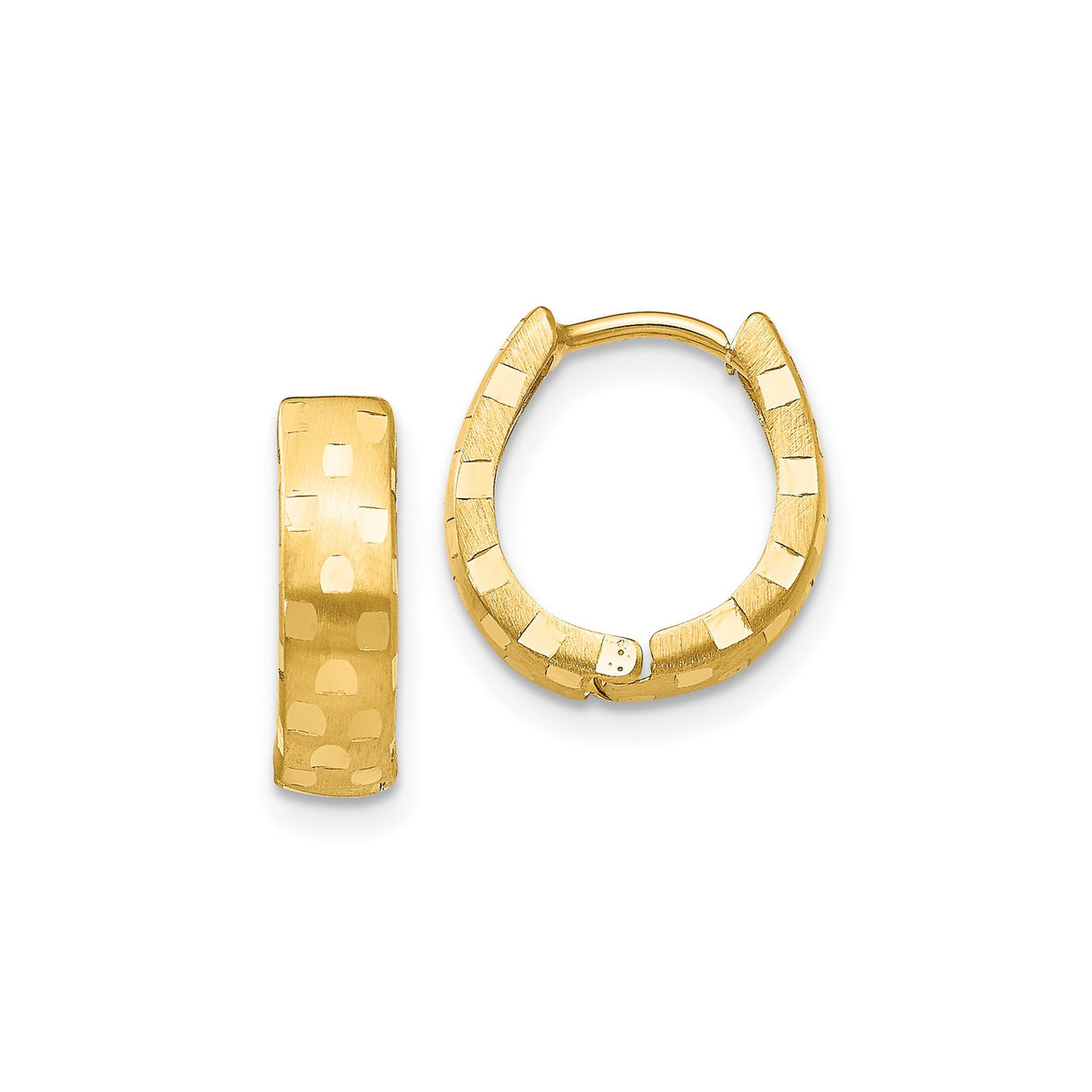 10k Yellow Gold Huggie Hoop Earrings, Textured Diamond Cut Oval Hoops with Polished Finish