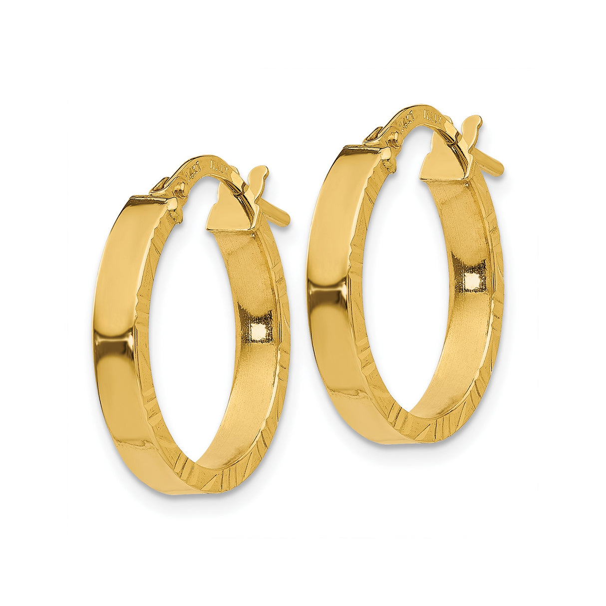 10k Yellow Gold Hoop Earrings with Polished Finish and Diamond Cut Texture, Lightweight Italian Design