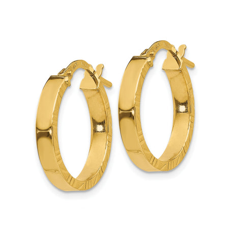 10k Yellow Gold Hoop Earrings with Polished Finish and Diamond Cut Texture, Lightweight Italian Design