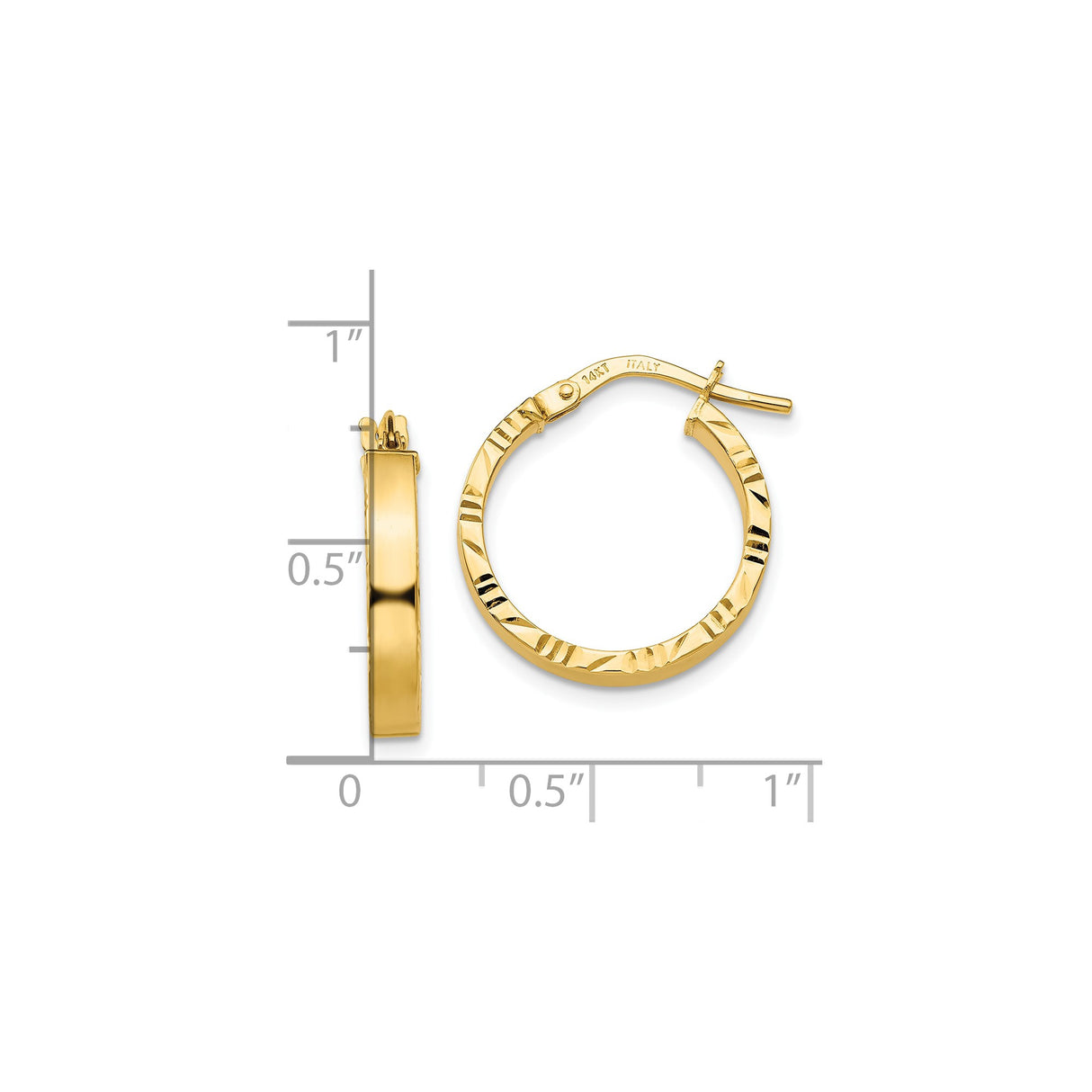 10k Yellow Gold Hoop Earrings with Polished Finish and Diamond Cut Texture, Lightweight Italian Design